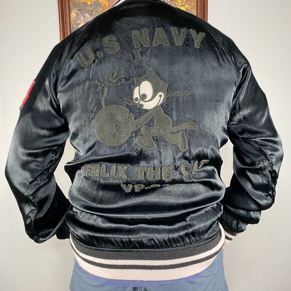 Felix the Cat US NAVY VF-31 Bomber Jacket Men's Medium Black Military Casual - Picture 3 of 13